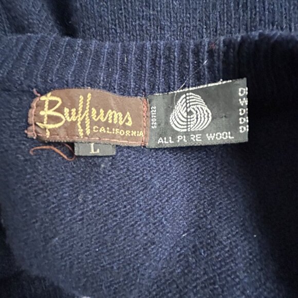 Vintage Buffums California Mens Navy Blue V-Neck Wool Sweater Large Pullover - Picture 3 of 9